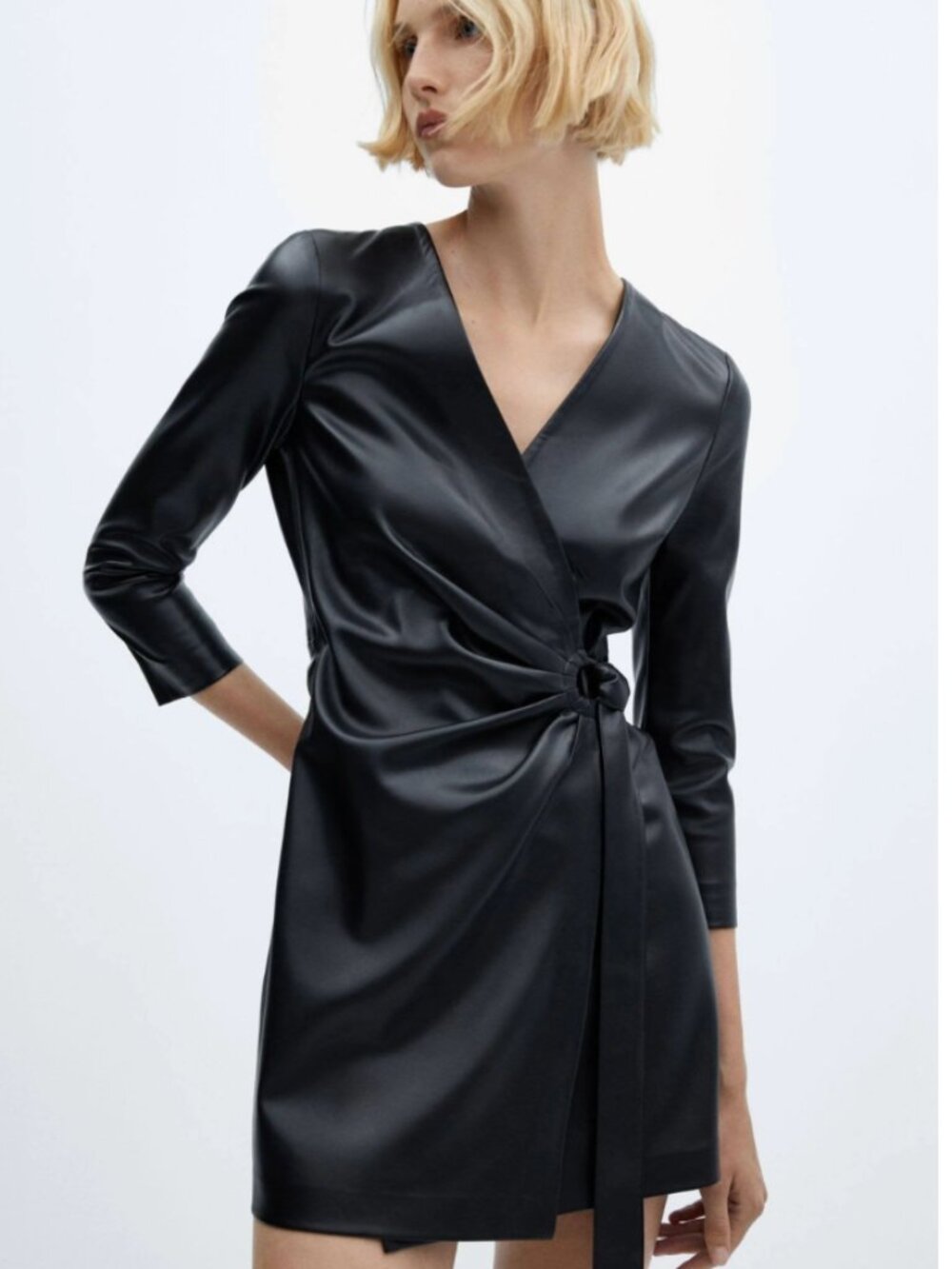 MANGO Women's Leather-Effect Wrap Dress